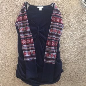 Navy Blue, red and white maternity shirt- M